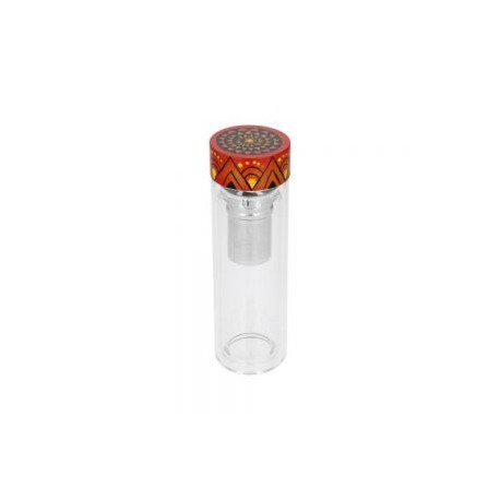 Termo con doble pared de vidrio, infusor de metal y tapa enroscable de bambú. EDICIÓN ALEBRIJE.
