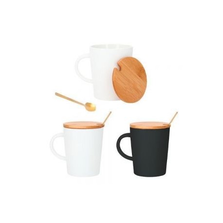 Taza de cerámica con tapa de bambú y cucharilla.