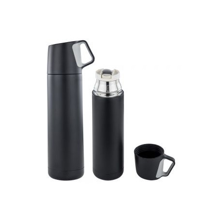Termo con doble pared de acero inoxidable y tapa que funciona como taza.