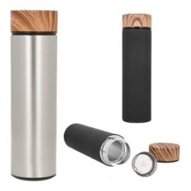 Termo de acero inoxidable con doble pared, acabado rubber, tapa con simulación de madera e infusor.