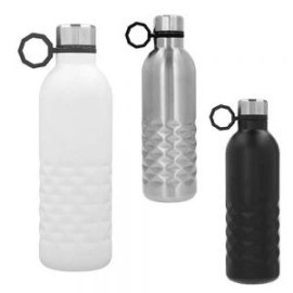 Termo de doble pared de acero inoxidable con asa de silicón en la tapa.