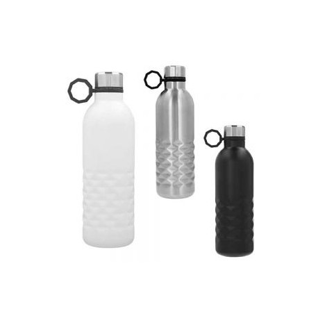 Termo de doble pared de acero inoxidable con asa de silicón en la tapa.