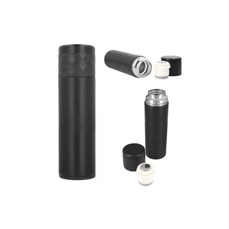 Termo de doble pared de acero inoxidable con tapa que se utiliza como vaso.