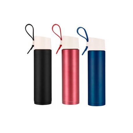 Termo de acero inoxidable con acabado mate y correa para sujetar.