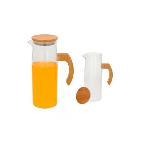 Jarra de vidrio con tapa y asa de bambú.