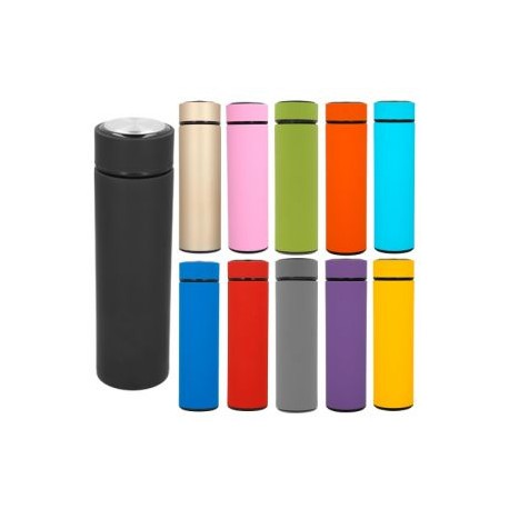 Termo de acero inoxidable de doble pared insulado al vacío, incluye un filtro infusor y acabado rubber.