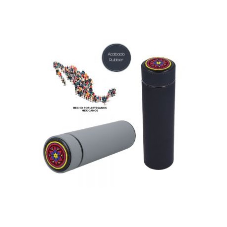 Termo de acero inoxidable con doble pared insulado al vacío, incluye un filtro infusor y acabado rubber. EDICIÓN HUICHOL.