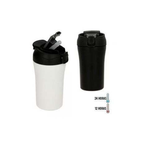 Termo de acero inoxidable y doble pared insulado al vacío de acabado rugoso. Cuenta con tapa de doble funcionalidad (boquilla n