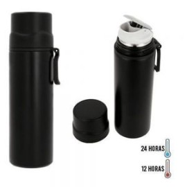 Termo de acero inoxidable y doble pared insulado al vacío con tapa de seguridad la cual puede ser utilizada como taza.
