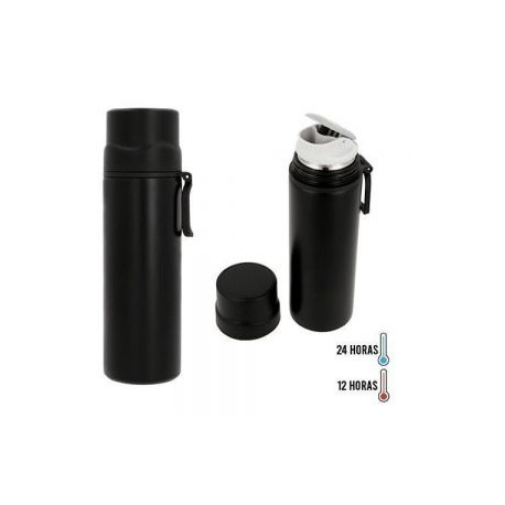 Termo de acero inoxidable y doble pared insulado al vacío con tapa de seguridad la cual puede ser utilizada como taza.