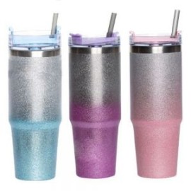 Termo con glitter, insulado al vacío, con tapa enroscable. Incluye popote.