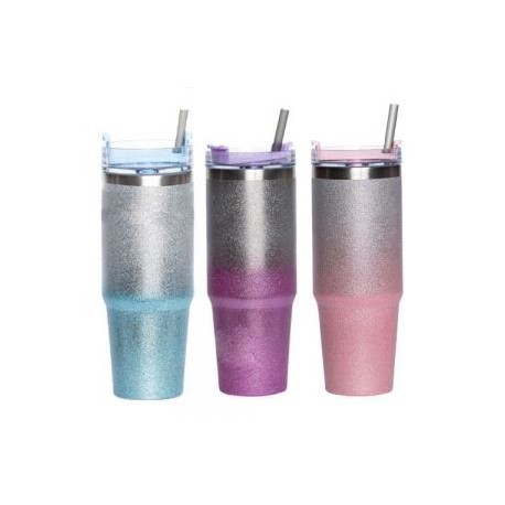 Termo con glitter, insulado al vacío, con tapa enroscable. Incluye popote.