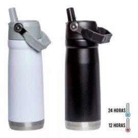 Termo de acero inoxidable, insulado al vacío, su tapa enroscable cuenta con boquilla abatible, popote y asa en la parte superio