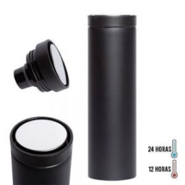 Termo con doble pared de acero inoxidable, tapa enroscable y botón en la parte superior.