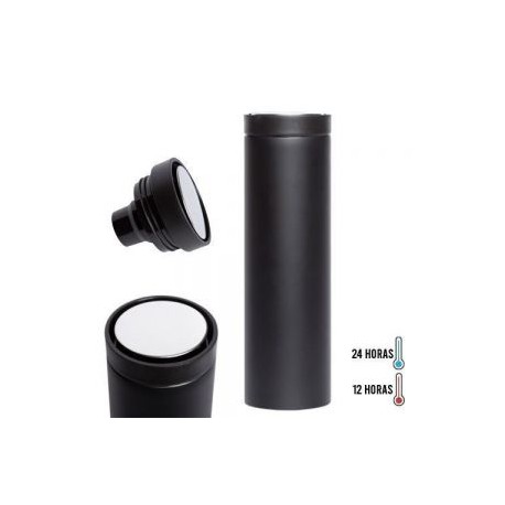 Termo con doble pared de acero inoxidable, tapa enroscable y botón en la parte superior.