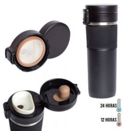 Termo de acero inoxidable, insulado al vacío, con tapa enroscable, botón con candado de seguridad y cintillo de silicón.
