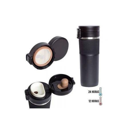 Termo de acero inoxidable, insulado al vacío, con tapa enroscable, botón con candado de seguridad y cintillo de silicón.