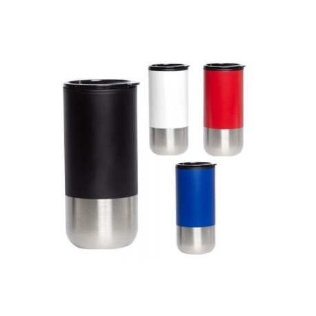 Termo de doble pared con interior de plástico y base exterior de acero inoxidable, cuenta con tapa de plástico y válvula de seg