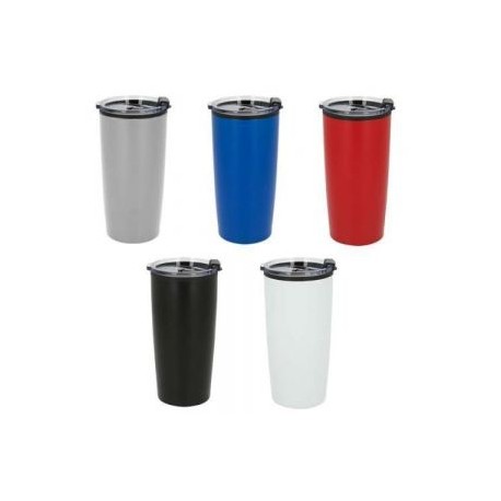 Termo de doble pared con exterior de acero inoxidable e interior de plástico. Incluye tapa de cierre a presión.