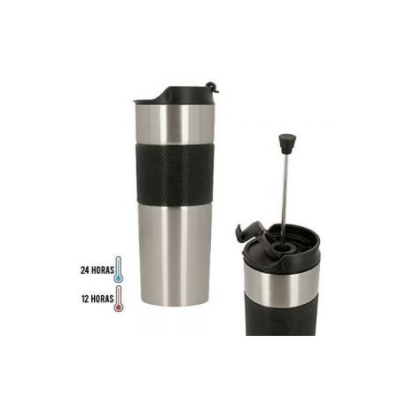 Termo de doble pared de acero inoxidable con prensa francesa, tapa hermética enroscable y manga de silicón.