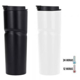 Termo insulado al vacío, con doble pared de acero inoxidable, acabado rugoso, tapa plástica enroscable y boquilla de seguridad.