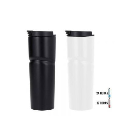 Termo insulado al vacío, con doble pared de acero inoxidable, acabado rugoso, tapa plástica enroscable y boquilla de seguridad.
