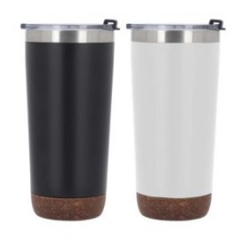 Termo insulado al vacío con doble pared de acero inoxidable, acabado rugoso, base de corcho y tapa de cierre a presión.