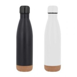 Termo insulado al vacío con doble pared de acero inoxidable, base de corcho y tapa enroscable.