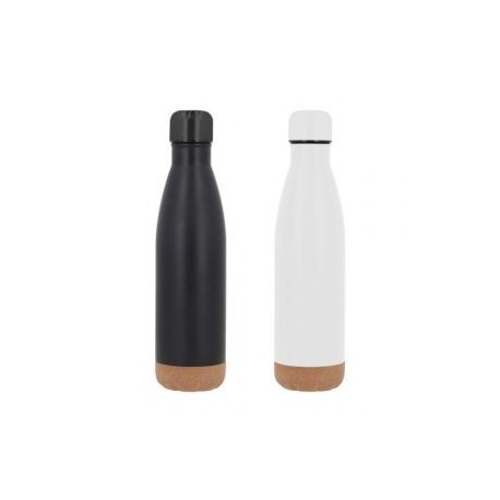 Termo insulado al vacío con doble pared de acero inoxidable, base de corcho y tapa enroscable.