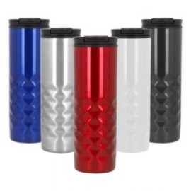 Termo con doble pared de acero inoxidable e interior de plástico. Incluye tapa enroscable y cierre de seguridad.