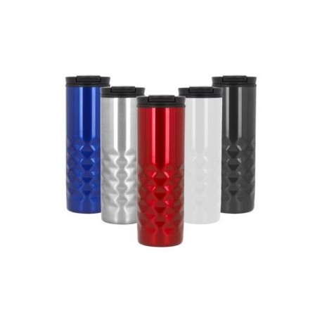 Termo con doble pared de acero inoxidable e interior de plástico. Incluye tapa enroscable y cierre de seguridad.