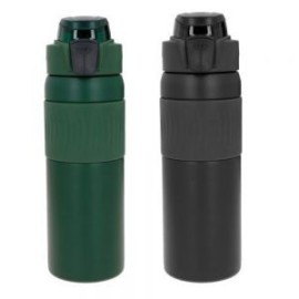 Termo de doble pared de acero inoxidable, insulado al vacío, acabado rugoso, con manga de silicón, tapa enroscable, asa y botón