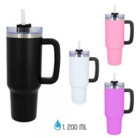 Termo con doble pared de acero inoxidable, insulado al vacío, acabado rugoso, con asa lateral y tapa enroscable con popote.