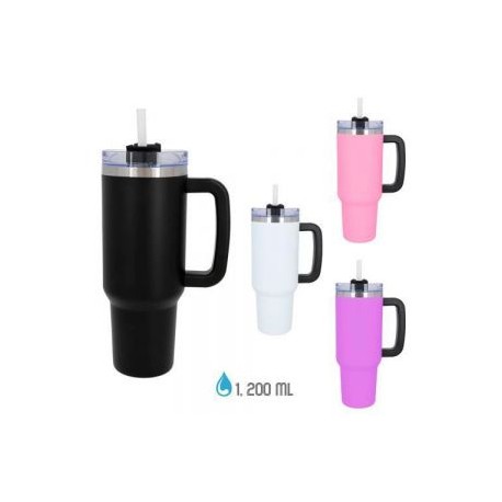 Termo con doble pared de acero inoxidable, insulado al vacío, acabado rugoso, con asa lateral y tapa enroscable con popote.