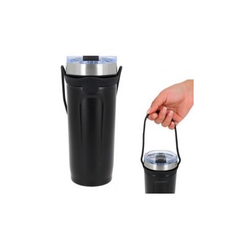 Termo con doble pared de acero inoxidable, insulado al vacío, acabado rugoso, tapa de cierre a presión y banda elástica.