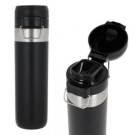 Termo con acabado rugoso, doble pared de acero inoxidable, insulado al vacío, tapa enroscable con candado de seguridad y asa me