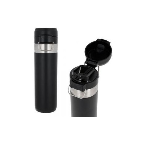 Termo con acabado rugoso, doble pared de acero inoxidable, insulado al vacío, tapa enroscable con candado de seguridad y asa me