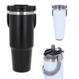 Termo con doble pared de acero inoxidable, insulado al vacío, acabado rugoso, tapa enroscable con cierre a presión y popote. In