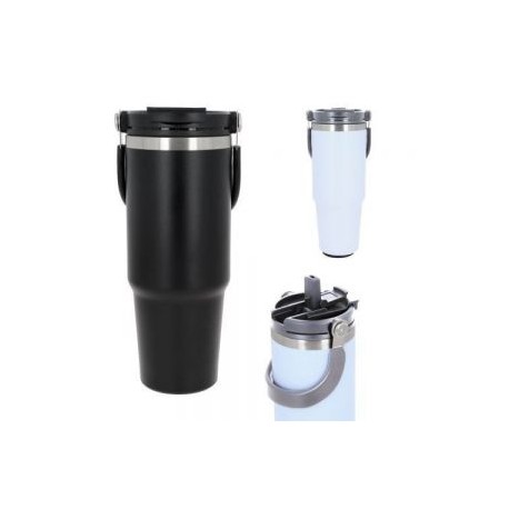 Termo con doble pared de acero inoxidable, insulado al vacío, acabado rugoso, tapa enroscable con cierre a presión y popote. In