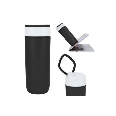 Termo de doble pared con exterior de plástico e interior de acero inoxidable. Incluye tapa enroscable con asa.