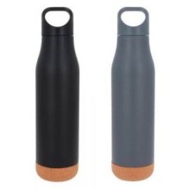 Termo con doble pared de acero inoxidable, insulado al vacío, acabado rugoso, base de corcho, y tapa enroscable con asa. Cap. 5