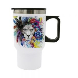 Termo de acero inoxidable sublimable con tapa de cierre a presión y seguro deslizable.