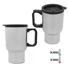 Termo con doble pared de acero inoxidable e interior de plástico, adaptable al portavasos de tu auto, con asa y tapa de plástic