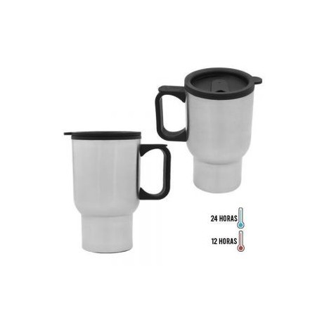 Termo con doble pared de acero inoxidable e interior de plástico, adaptable al portavasos de tu auto, con asa y tapa de plástic