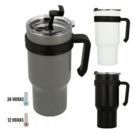 Termo de acero inoxidable de doble pared insulado al vacío, cuenta con asa lateral para mayor comodidad y tapa de cierre a pres