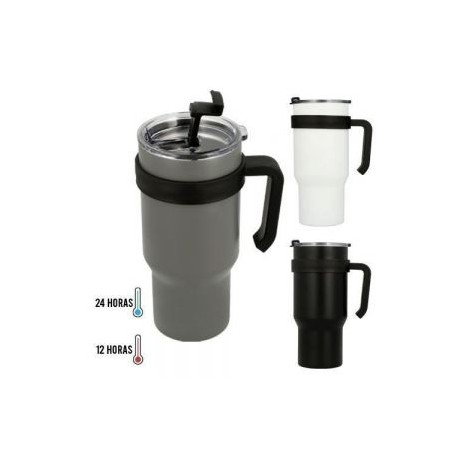 Termo de acero inoxidable de doble pared insulado al vacío, cuenta con asa lateral para mayor comodidad y tapa de cierre a pres