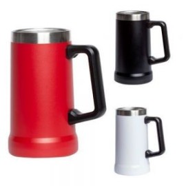 Tarro con doble pared de acero inoxidable, insulado al vacio y mango de plástico.