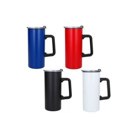 Termo de doble pared con exterior de acero inoxidable e interior de plástico. Incluye tapa de cierre a presión.