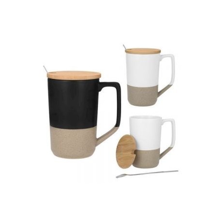 Taza de cerámica con acabado mate y texturizado en la parte inferior, tapa de bambú y cuchara de acero inoxidable.