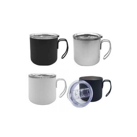Taza con doble pared de acero inoxidable, asa metálica y tapa traslúcida de cierre a presión con seguro deslizable y boquilla. 